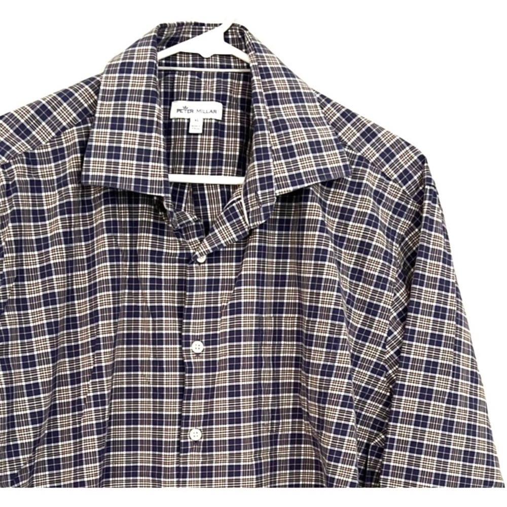 Peter Millar Shirt Mens XL Blue Brown Plaid‎ Button Down Stretch Cotton Blend